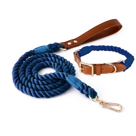 11 Colors Brown Leather-Cotton Collar & Leash