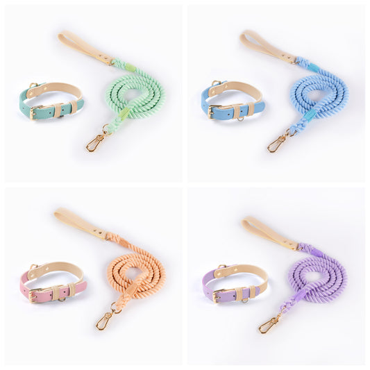4 Colors Leather Collar & Cotton Leash