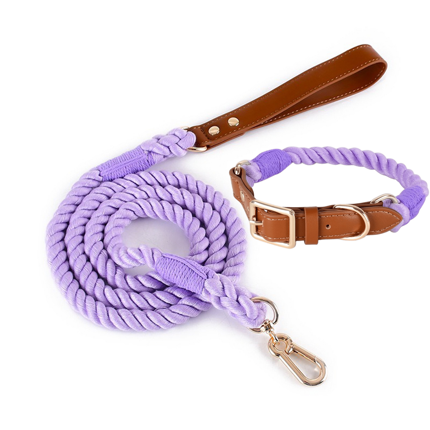 11 Colors Brown Leather-Cotton Collar & Leash
