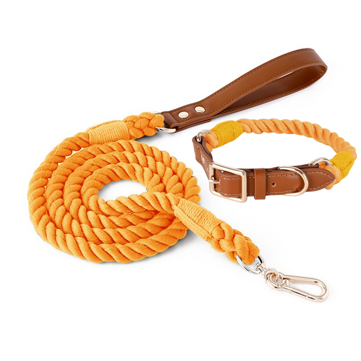 11 Colors Brown Leather-Cotton Collar & Leash