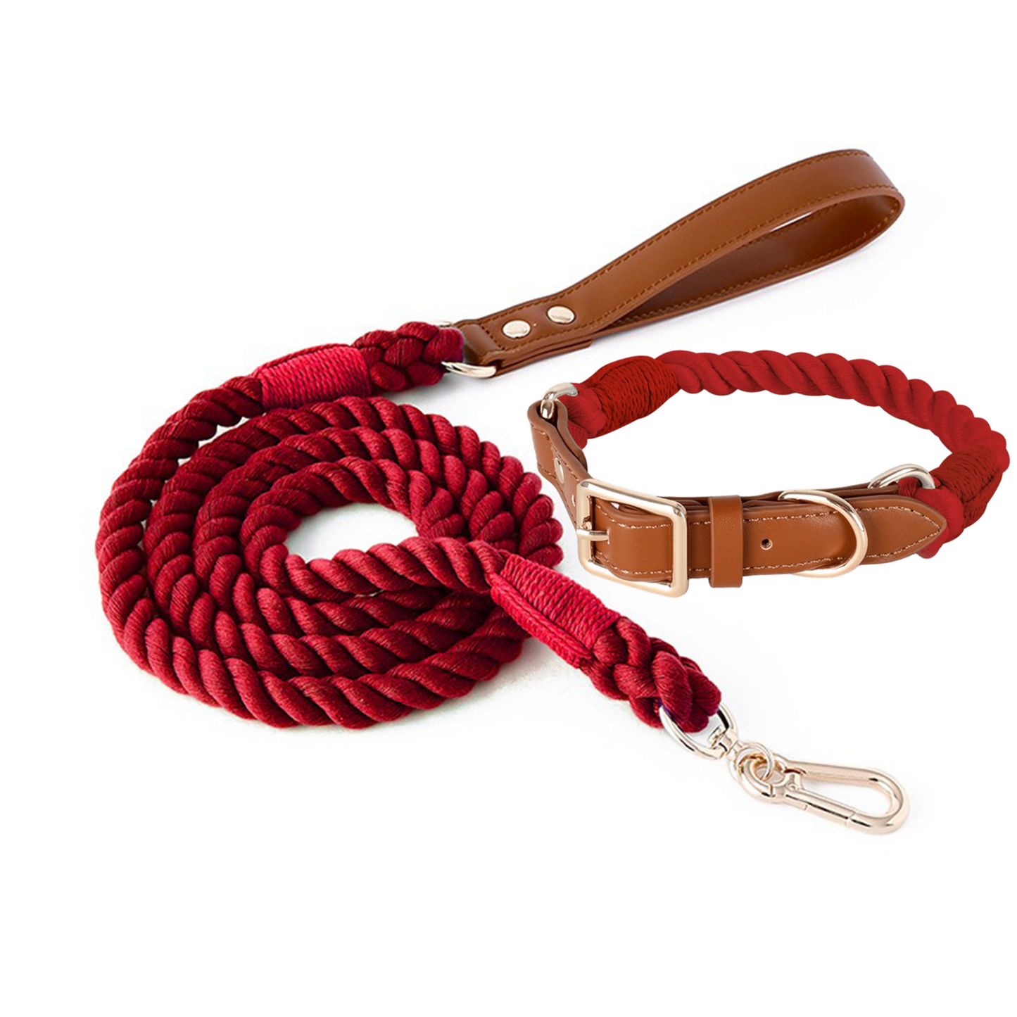 11 Colors Brown Leather-Cotton Collar & Leash