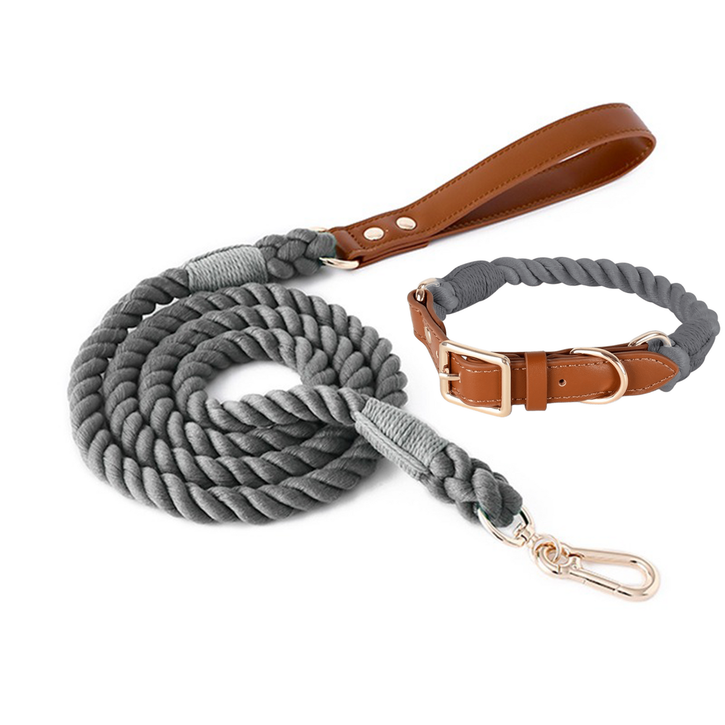 11 Colors Brown Leather-Cotton Collar & Leash