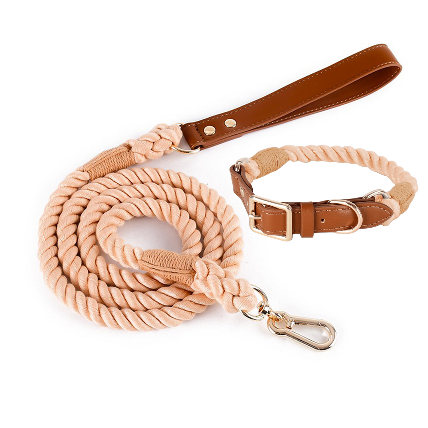 11 Colors Brown Leather-Cotton Collar & Leash