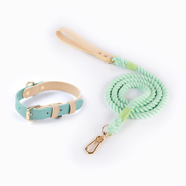 4 Colors Leather Collar & Cotton Leash