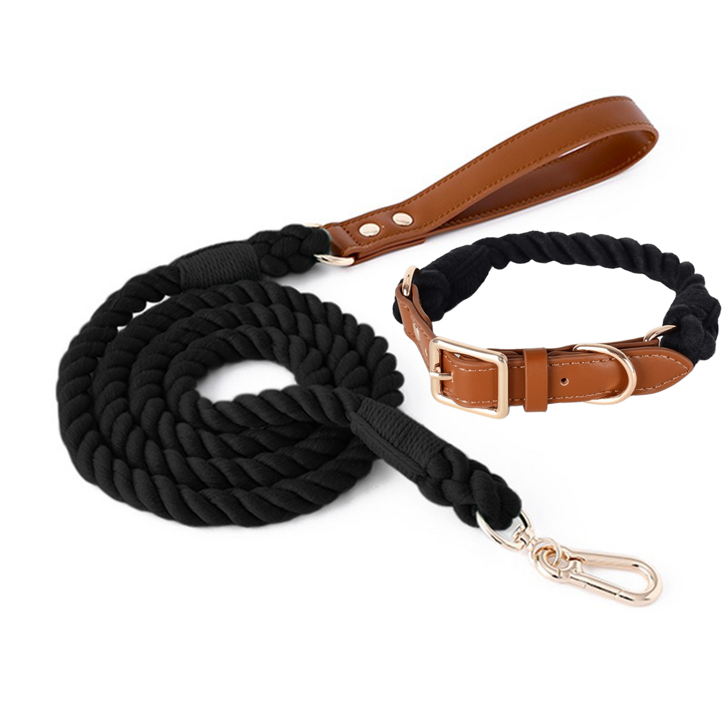 11 Colors Brown Leather-Cotton Collar & Leash